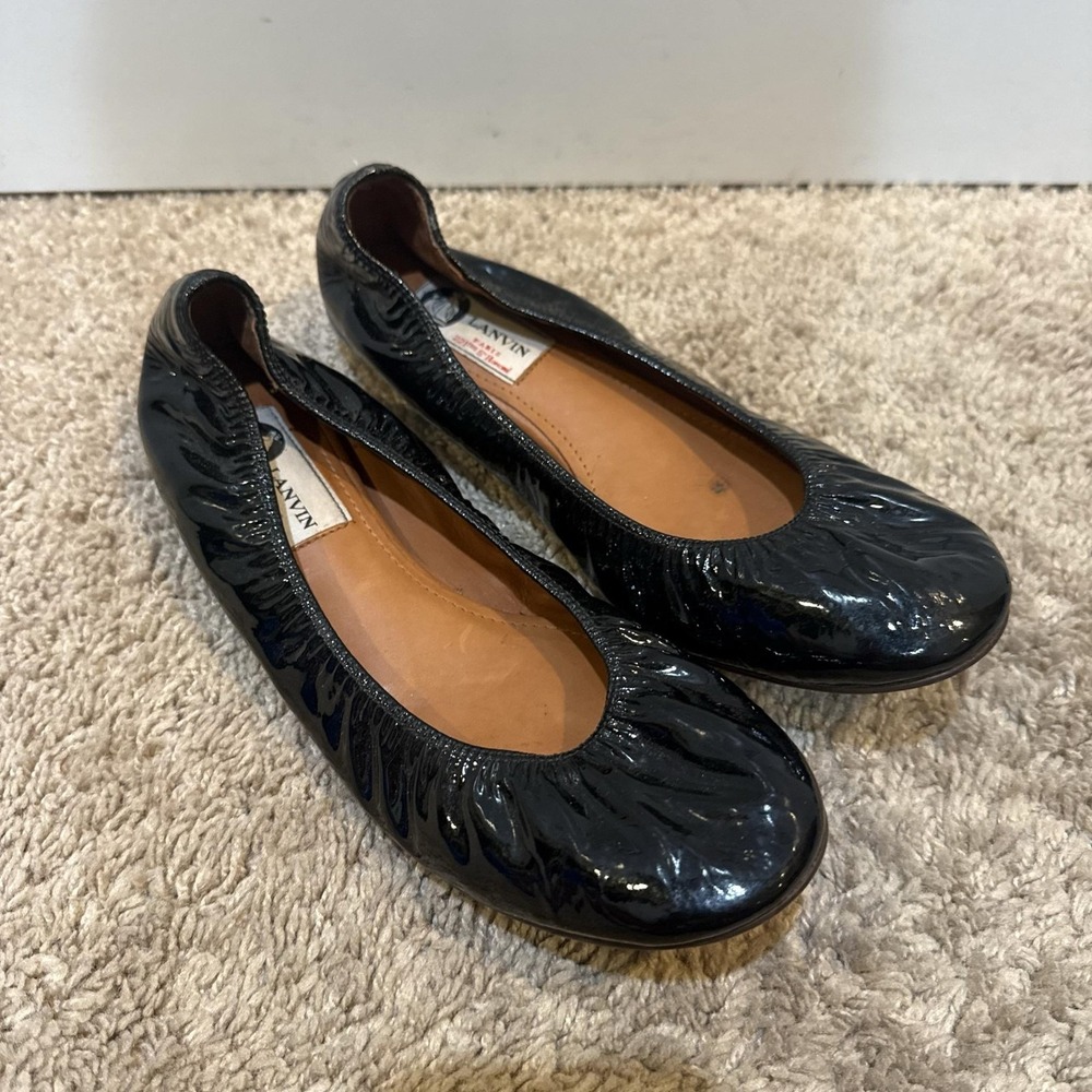 Lanvin Womens Size 8 Black Patent Leather Ballet Flats Slip On Round Toe 39